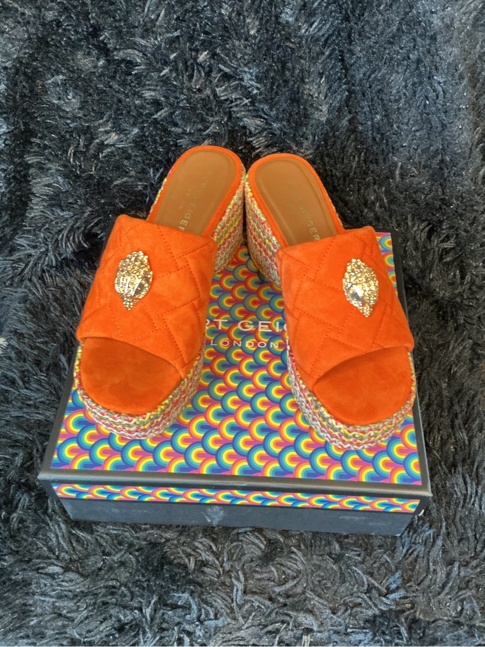Kurt Geiger Orange Quilted Wedge Slide Sandals with Gold Emblem